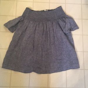 blue off the shoulder shirt